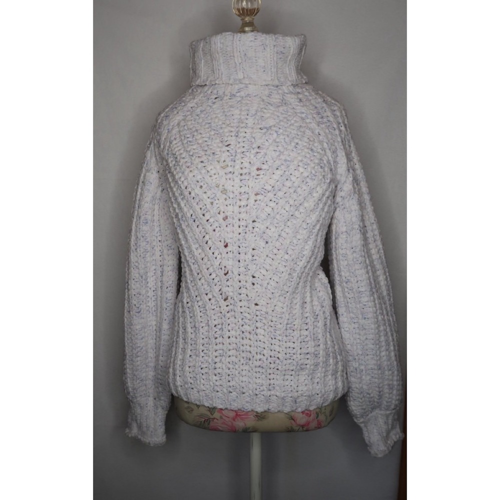 POL SMST289 Chunky Cable Knit Turtleneck Sweater White Speckled Balloon Sleeve M
